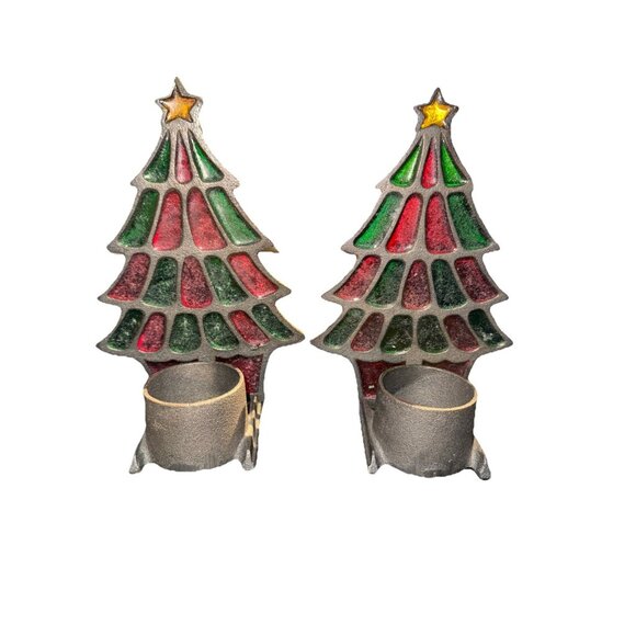 Vintage STAINED GLASS Christmas Tree Candle Holder Cast Iron Votive Tea Light Se - Picture 1 of 10
